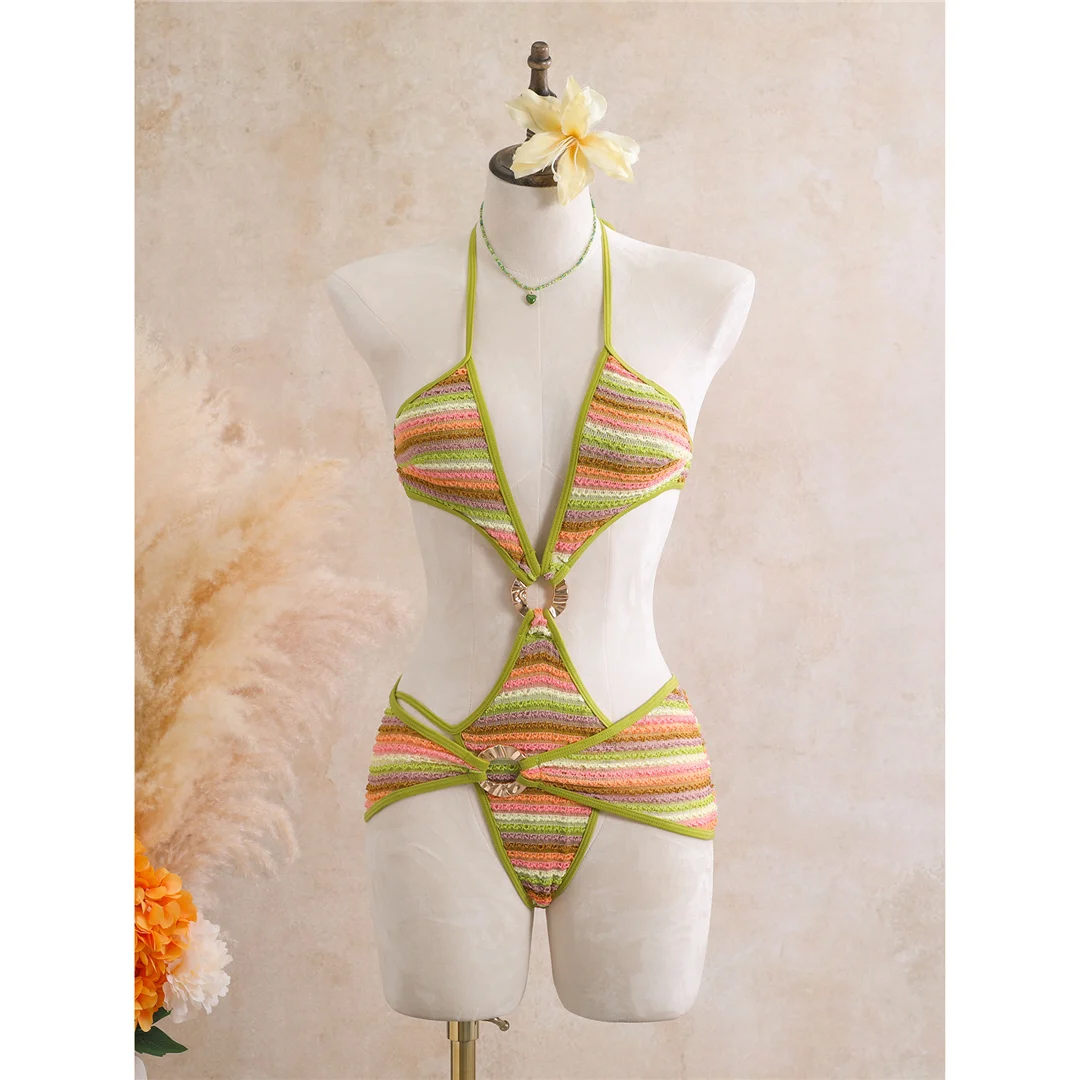 Mit Rock, gestreiftem Halterneck, V-Ausschnitt, Damen-Badeanzug, einteiliger Badeanzug, Damen-Monokini, hoher Beinausschnitt, Badebekleidung, Badeanzug, V8345. – Detail 18