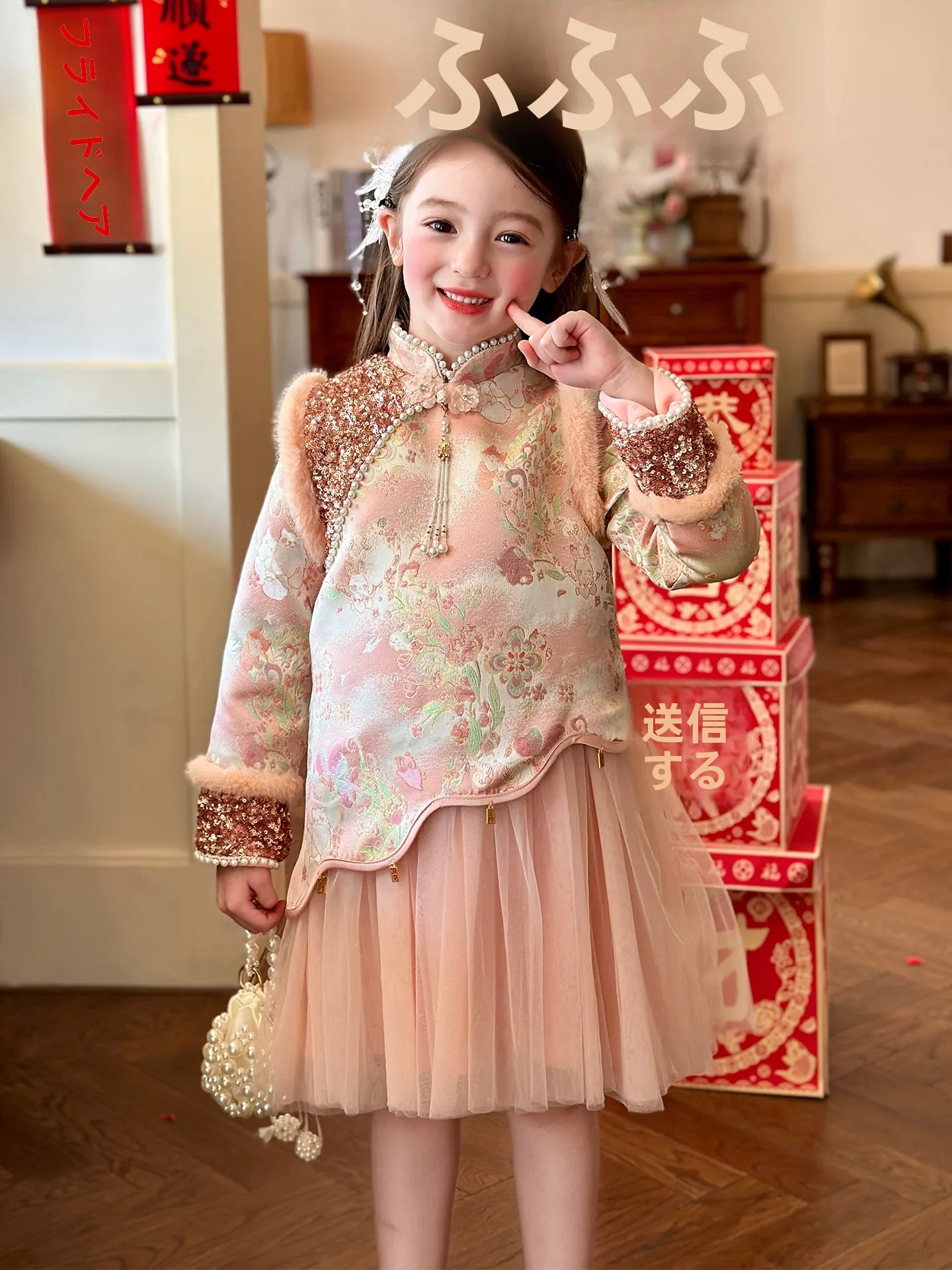 new-chinese-sle-fce-lined-dr-for-girls-high-waist-a-line-skirt-long-sve-mid-length-winter-children's-national-sl