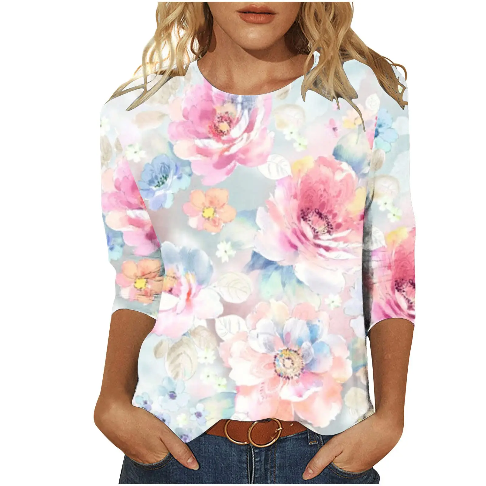 2025 New Women's Flower Fashion Print Long Sleeve T-shirt Sports Leisure Cute Polyester Ultra-thin Round Neck Long Sleeve