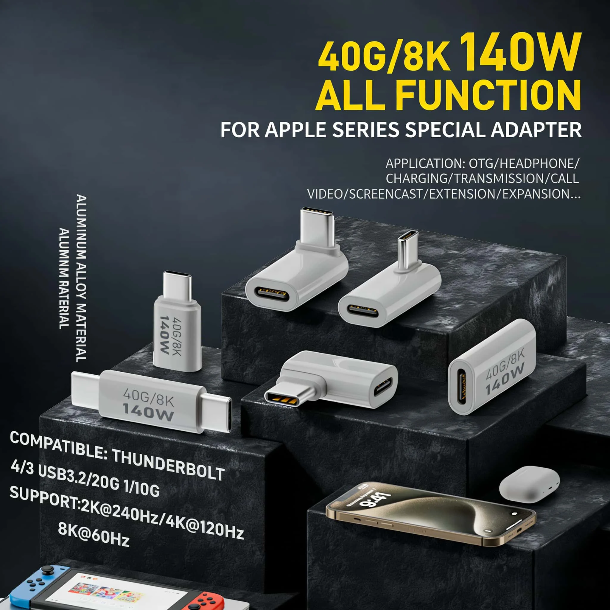 

PD140W USB4.0 Type C to USB C Fast Charging Adapter Converter 40Gbps Data Sync Connector 8K@60Hz USB C OTG Adapter for MacBook