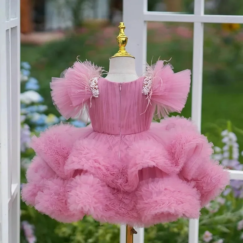 Splendido abito da ragazza di fiori per matrimonio principessa che borda perle tulle gonfio applique festa di compleanno abiti da ballo prima comunione