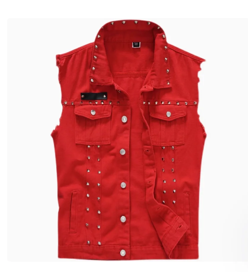 

2025 Trendy Men's Spring/Summer Denim Vest Red Korean Edition Slim Fit Rivet Sleeveless Vest Men's Fashion Casual vest
