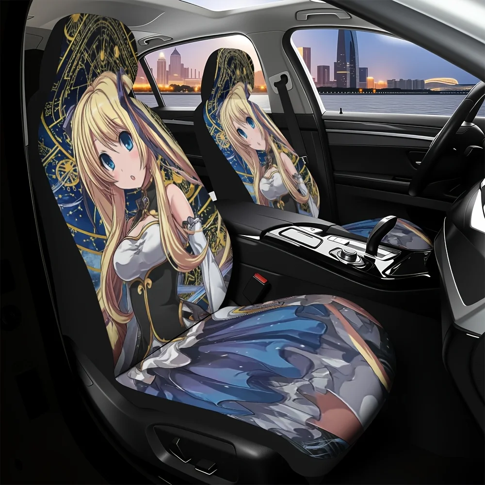 Set Of 2, Distinctive Anime Fantasy Blonde Character With Starry Astral Design Car Seat Covers, Soft And Suitable For All Season