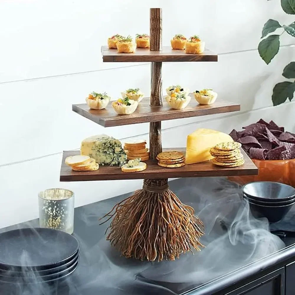 Halloween Cupcake Stand 3-Tier Witch Broom Stick Shape Snack Cake Stand Wooden Halloween Decorations Tray Holiday Party Supplies