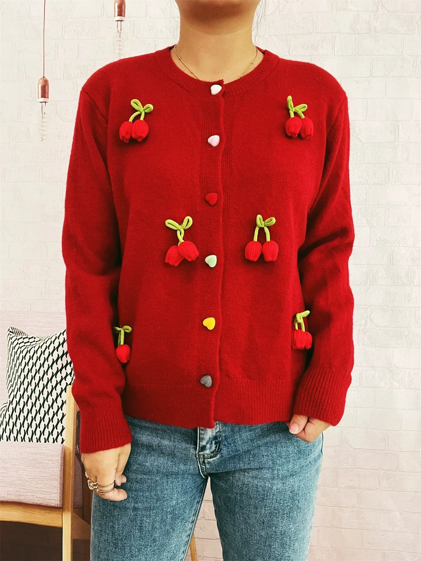 

Autumn and winter new three-dimensional decoration flower cute style knitted cardigan casual Valentine's Day sweater for women