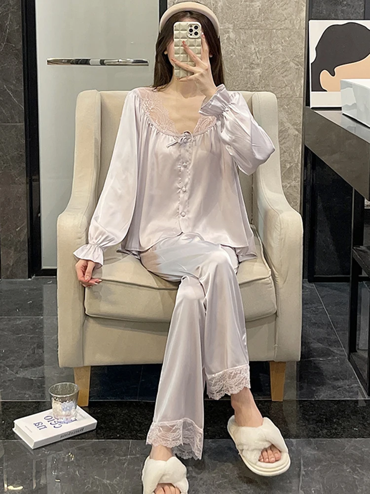 DAIMELU Sexy pure desire wind long-sleeved pajamas women's spring and autumn summyer thin ice and snow silk high-end sex purple