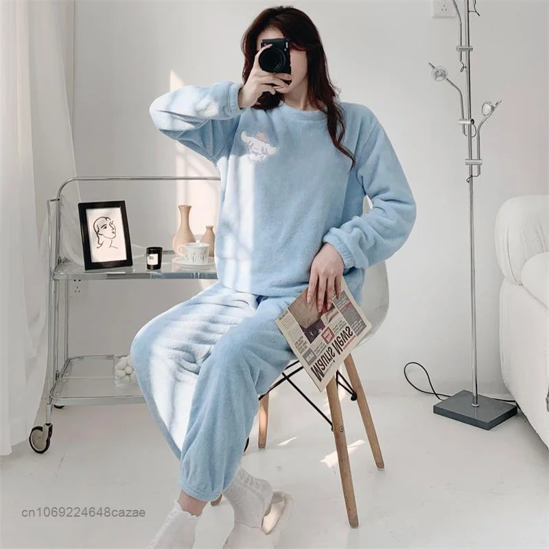 Sanrio Cinnamoroll Sleepwear Suit Women Korean Style Plush Tops Pants 2 Piece Pajama Sets Y2k Female Soft Outdoor Home Clothes