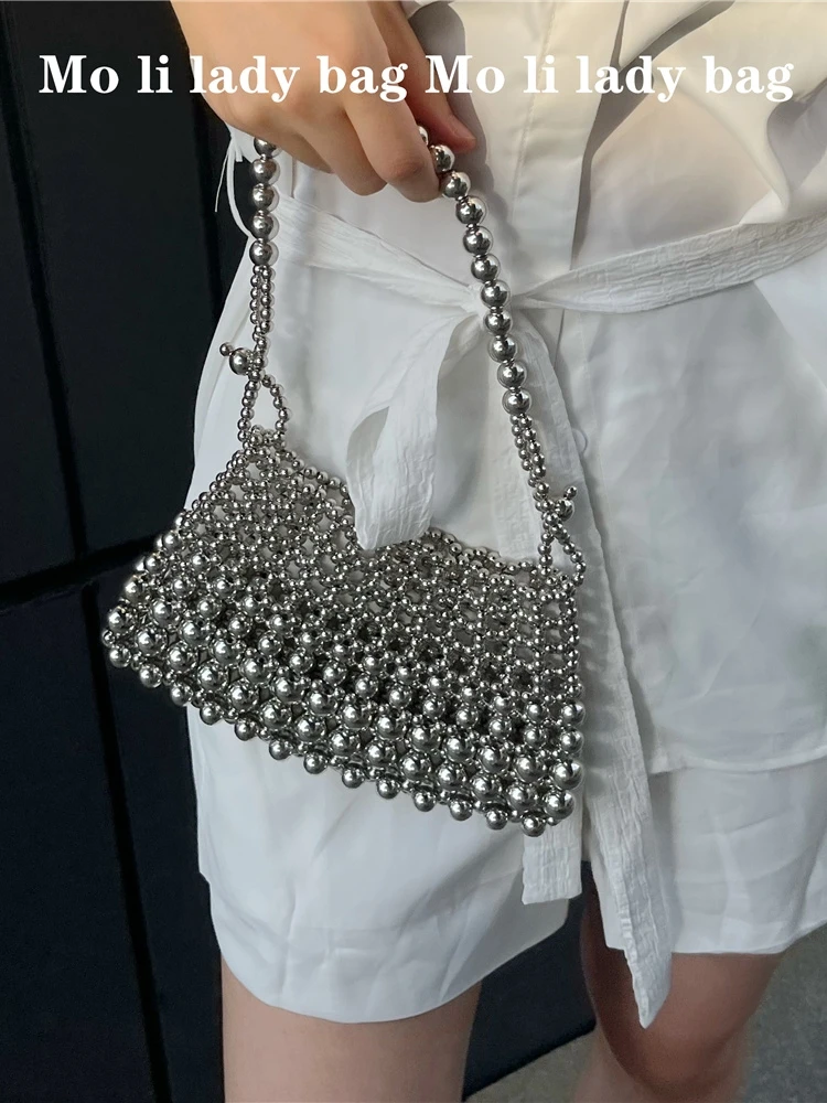

New 2023 Handcrafted Pearl Flower Chain Mobile Phone Bag Women's Crossbody Bag Retro Knot Beaded Pearl Satchel