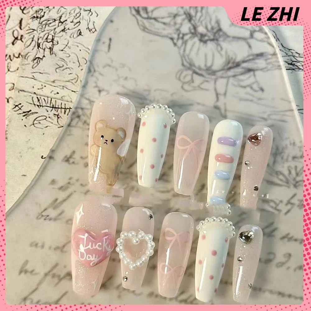 10Pcs Handmade Kawaii animal Fake Nails Kawaii Sweetheart Girl Cartoon Diamond Anime Manicure Removable Nail Art Holiday Gifts