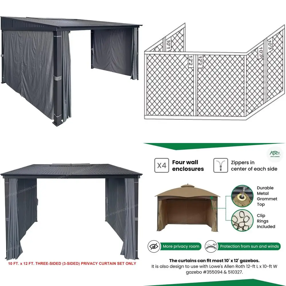 

Universal 3-Sided Privacy Curtain Set for 10x12 Awning, Sun Shelter, or Gazebo - Dark Grey, Ideal for Outdoor Privacy and Shade