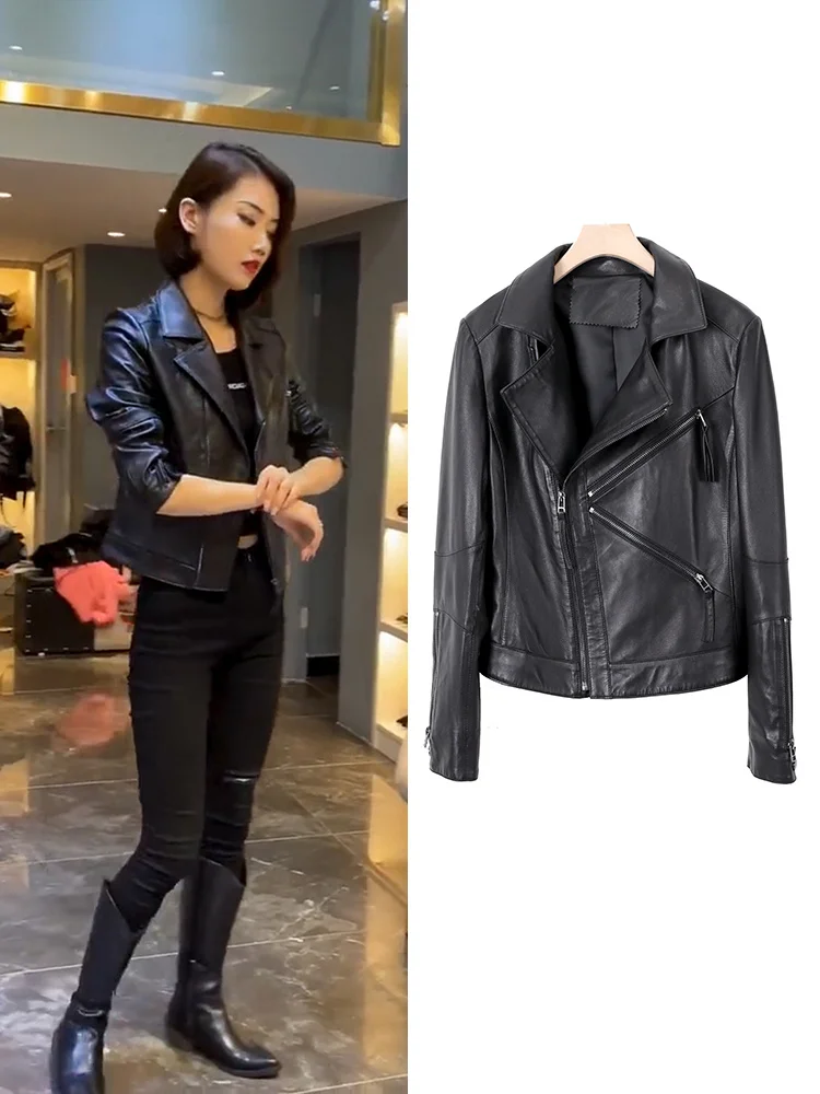 2023 Spring and Autumn New Genuine Leather Women's Coat Short Sheepskin Suit Collar Slim Fit Leather Jacket