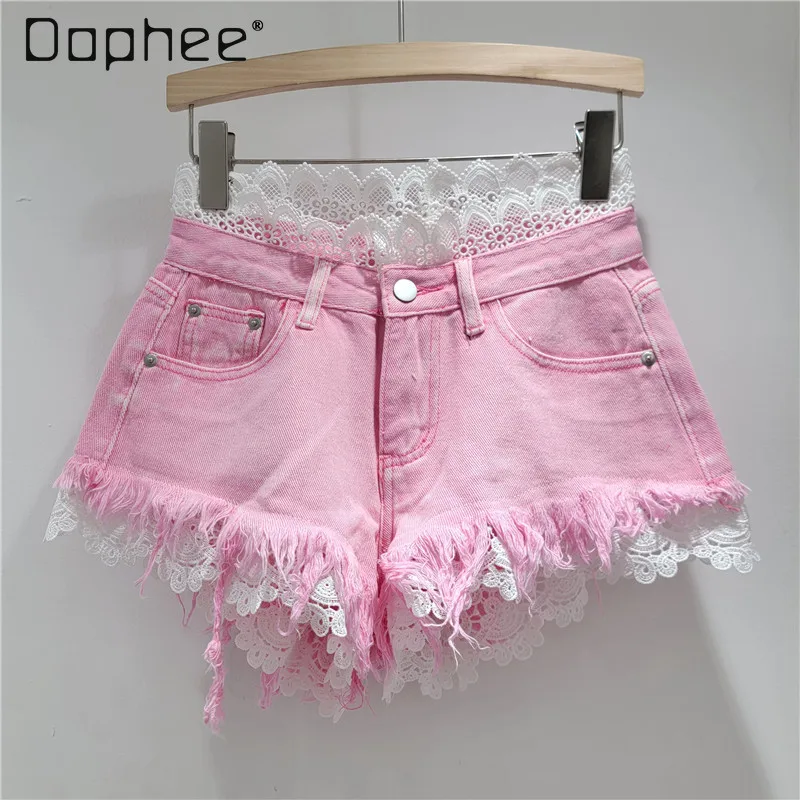 

Korean Version 2025 Summer New Fringed Rough Edge High Waist Denim Shorts Women's Loose A-shaped Wide Leg Pants Hot Pants