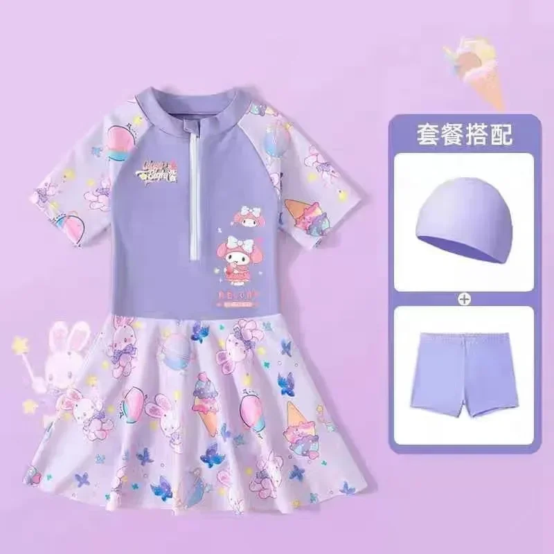 Girly Heart Kawaii MINISO Ins My Melody Kuromi Swimsuit Shirt Cute Cartoon Children Training One-piece Swimming Clothing Gifts