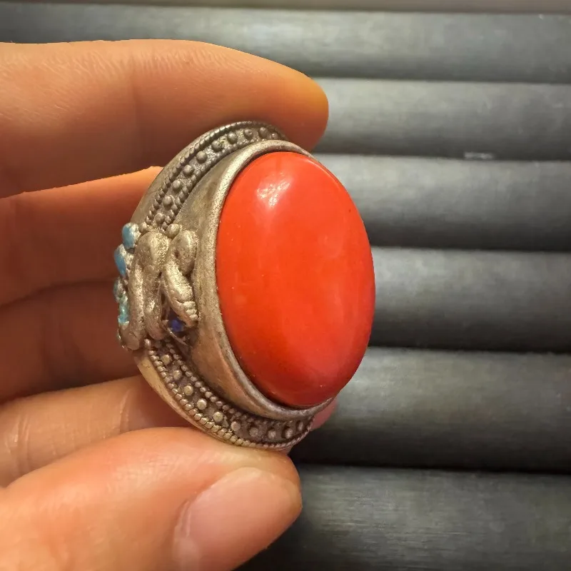 Men's Domineering Open Ring, Vintage Old Silver Inlaid Tibetan Mongolian Coral Solid Silver Thumb Jewelry