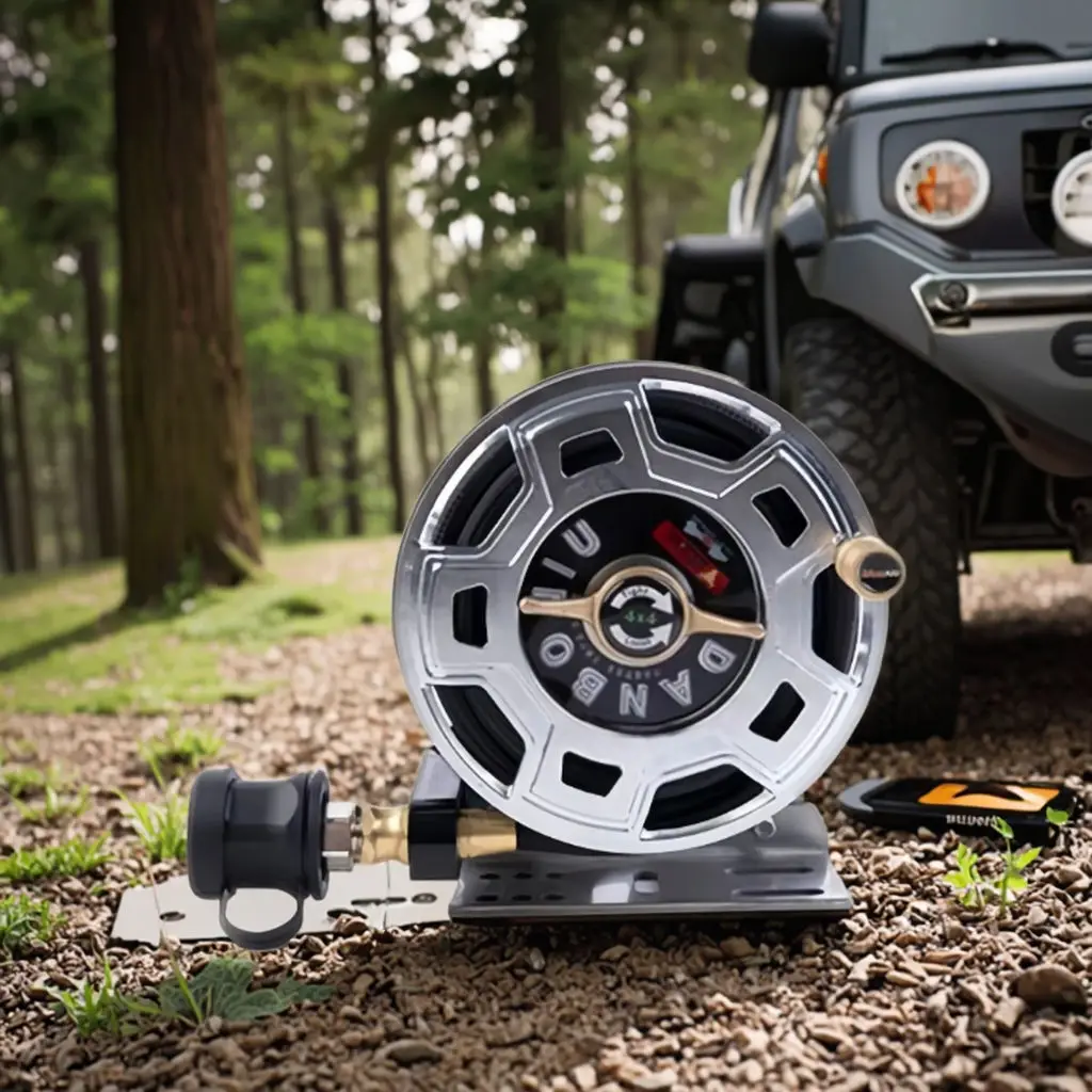 Pneumatic hose reel, stainless steel bracket, aluminum body, all-terrain manual crank