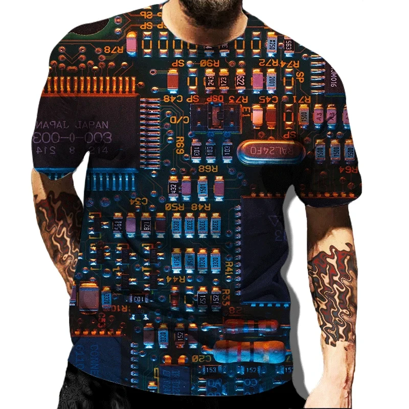 3D Print Circuit Board Electronic Chip T Shirt For Men Summer Casual Cool Short Sleeve Tee Top Streetwear Oversized T-shirt