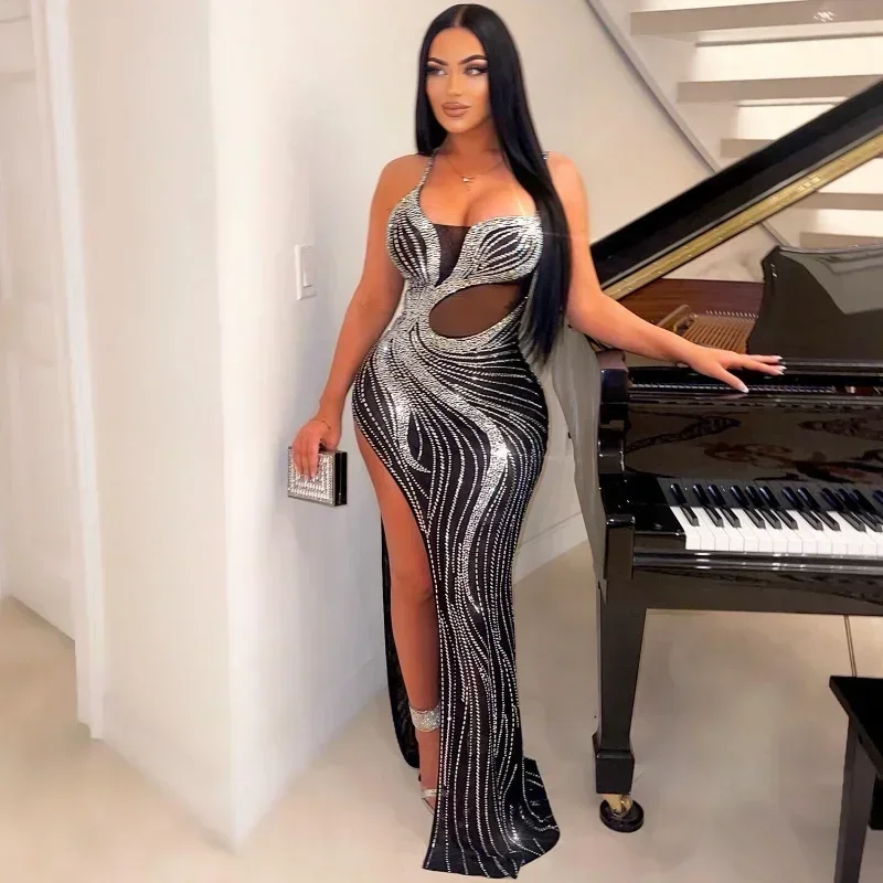 

GUWU Strap High Side Slit Diamonds Hot Rhinestones Bodycon Maxi Long Dress Women Vestidos Club Evening Sexy Party Dresses