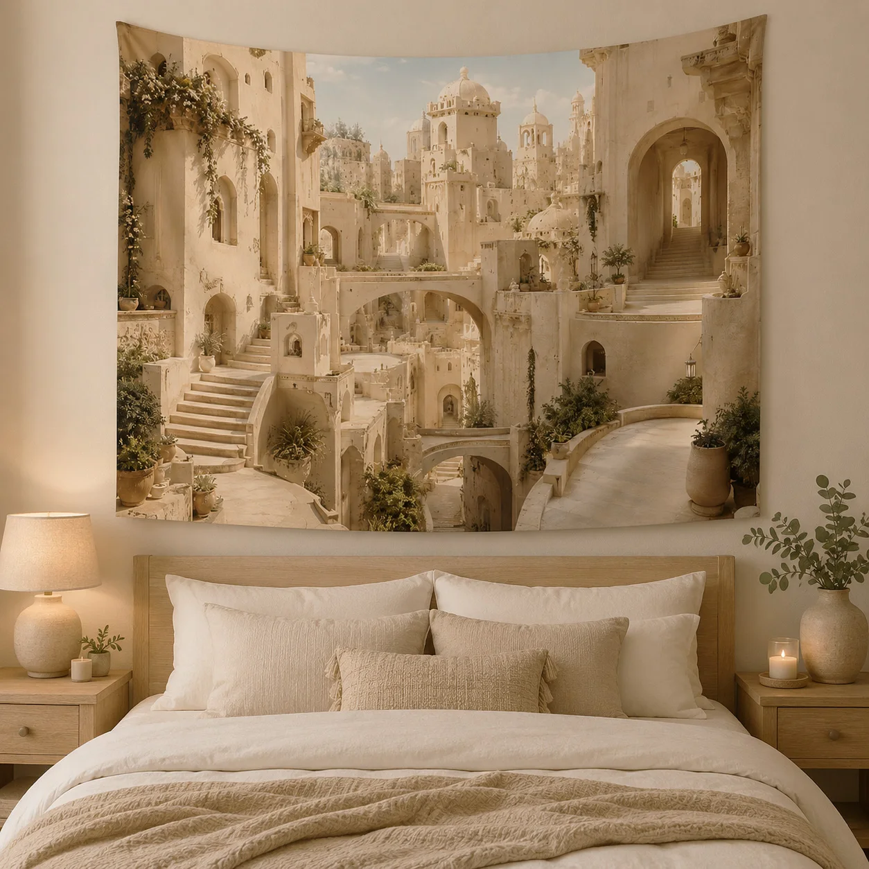 Neutral Beige European Ancient Castle Town Tapestry, Vintage Stone Architecture Wall Hanging