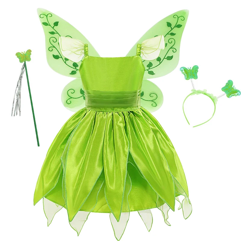 Disney Little Fairy Princess Girls Dress Tinkerbell Kids Baby Cosplay Green Leaf Clothes+Wing Headband Wand Performance Vestidos