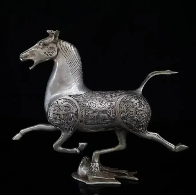 Chinese White Copper Carved Horse Tread Swallow Crafts Statue