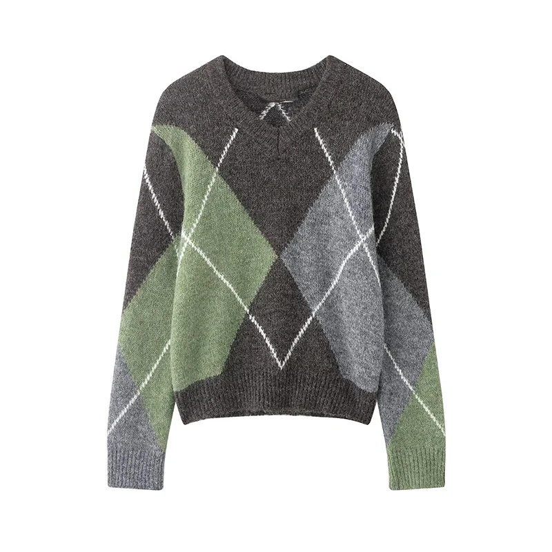 Pullover Women's Sweater Spring 2026 New Fashion Diamond Plaid Elegant Warm Women's Pullover Chic Young Long-Sleeved Pullover