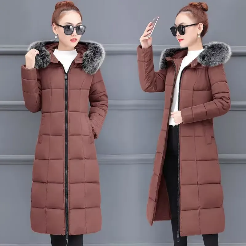 Women Winter Down Cotton Coat Big Fur Collar Jacket Female Long Hooded Over The Knee Thicken Slim Warm Cotton Jacket Parka Lady