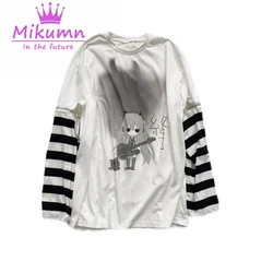 Mikumn T shirts Women Harajuku Stripes Detachable Zipper Long Sleeve Tee Cartoon Print Y2k Tops Female Girls Streetwear T-shirt