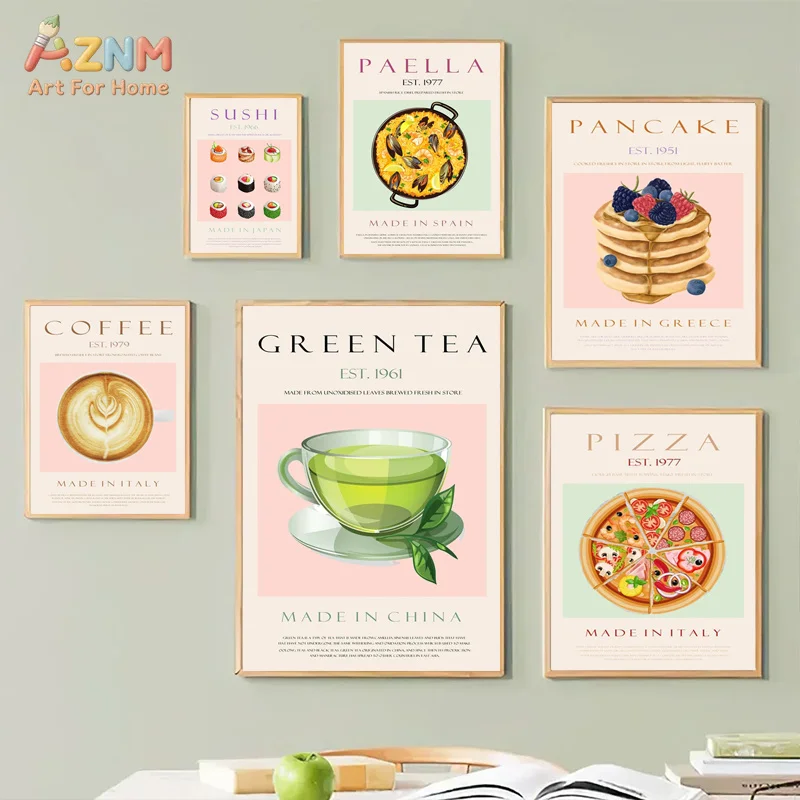 AZNM Pastel Color International Gourmet Snack Beverage Illustration Frameless Canvas Poster Dining Room Kitchen Wall Art Decor