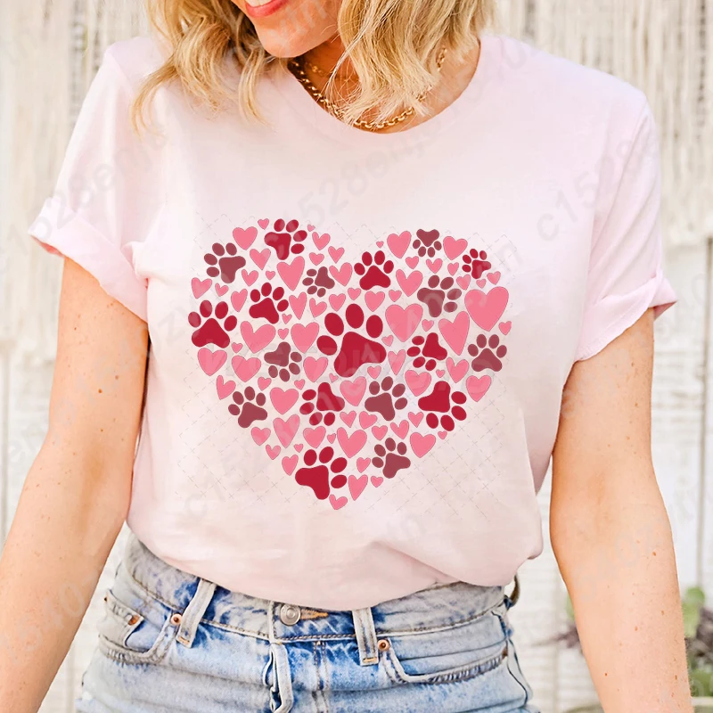 

Cool Valentine's Day Dog Paw Heart Print T-shirt For Women Summer Fashion Casual T Shirt Short Sleeve Creative Personalized Tops