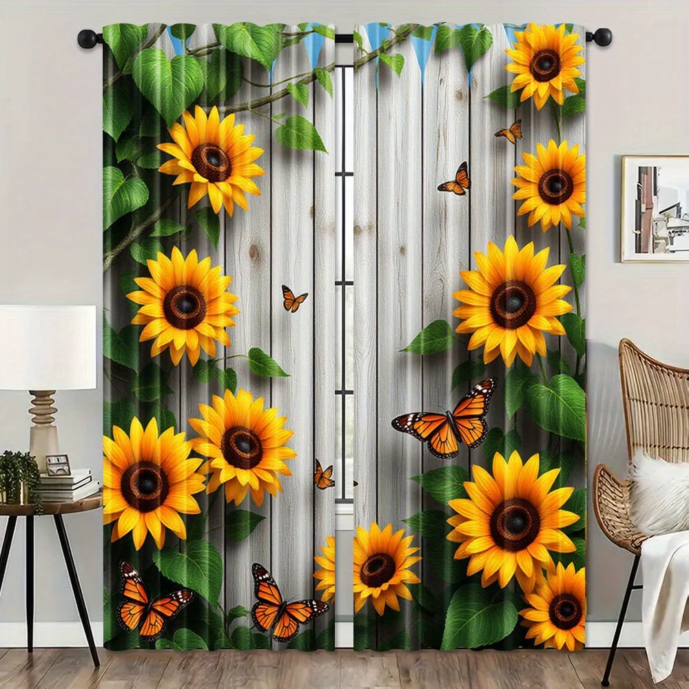 2pcs, Sunflower Butterfly Wood Fence Curtains Blackout Drapes for Living Room Farmhouse Decor Yellow Floral Print Window Panels