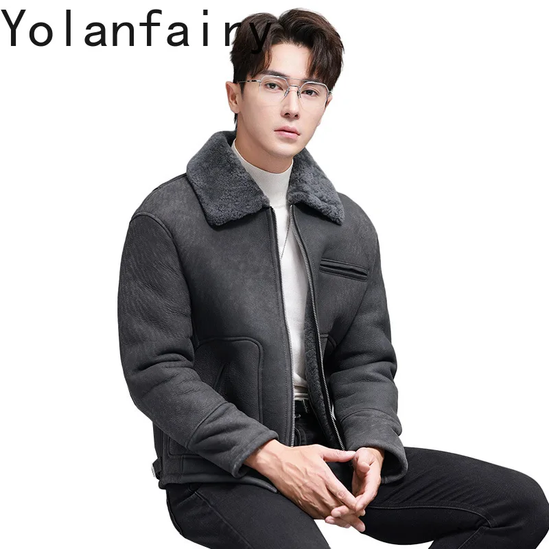 YOLANFAIRY Real Lamb Wool Fur Coat Man Genuine Leather Jacket Lapel Motorcycle Leather Jackets Winter Warm Lambskin Fur Coats