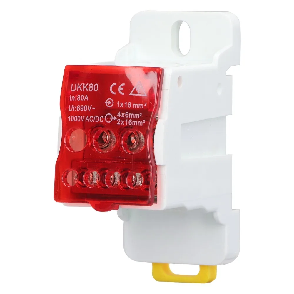 

690V 80A DIN Rail Terminal Block Red Positions Screw Terminal Terminal Block Distribution Box Brass Conductor Junction Box
