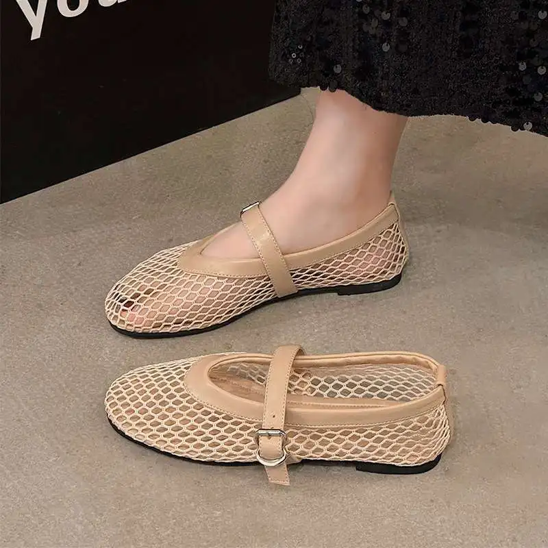 

In Summer, Wear Round Toe, Straight Buckles, Casual and Comfortable, Women's Flats, Cut-out Mary Jane Single Shoes,fishnet Shoes