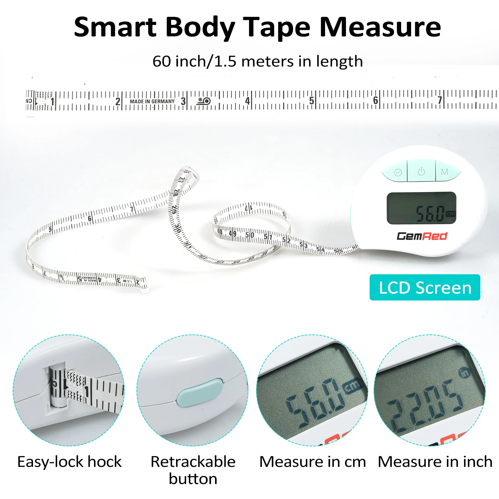 GemRed Smart Tape Measure Body Measuring Tape for Weight Loss BT Body Measurement Tape with App Body Fat Measurement Device