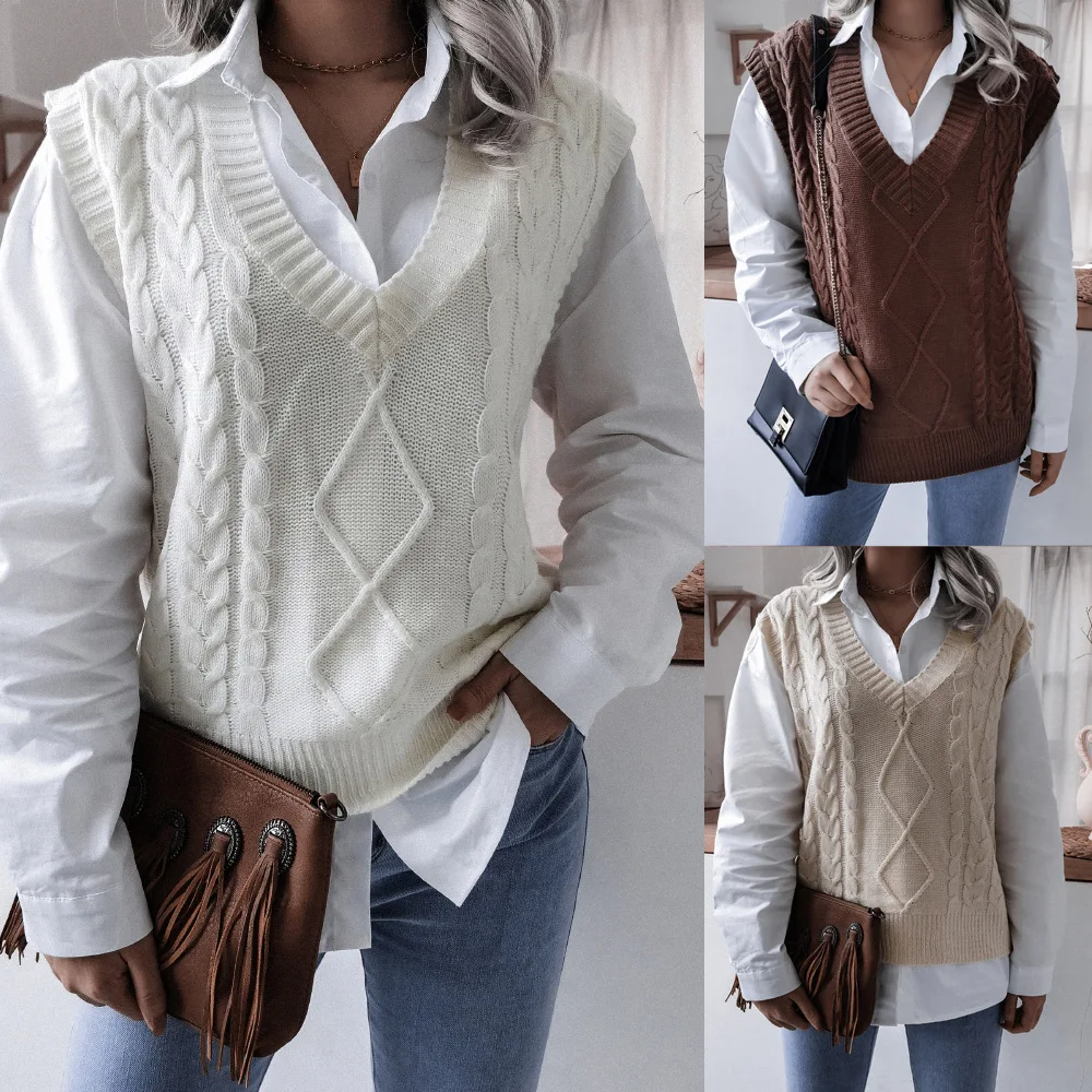 Autumn Argyle V-neck Sweater Vest Women 2025 Fashion Sleeveless Knitted Sweaters Top Mujer Casual Loose Pullover Vests Outerwear