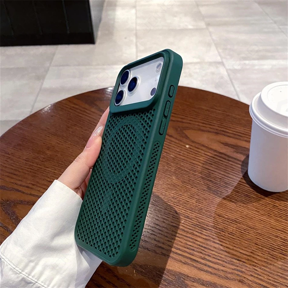 Warmteafvoer Mesh Voor Magsafe Draadloos Opladen Oranje Case Voor iPhone 17 16 15 14 Plus 13 12 Pro Max lucht Ademend Cover
