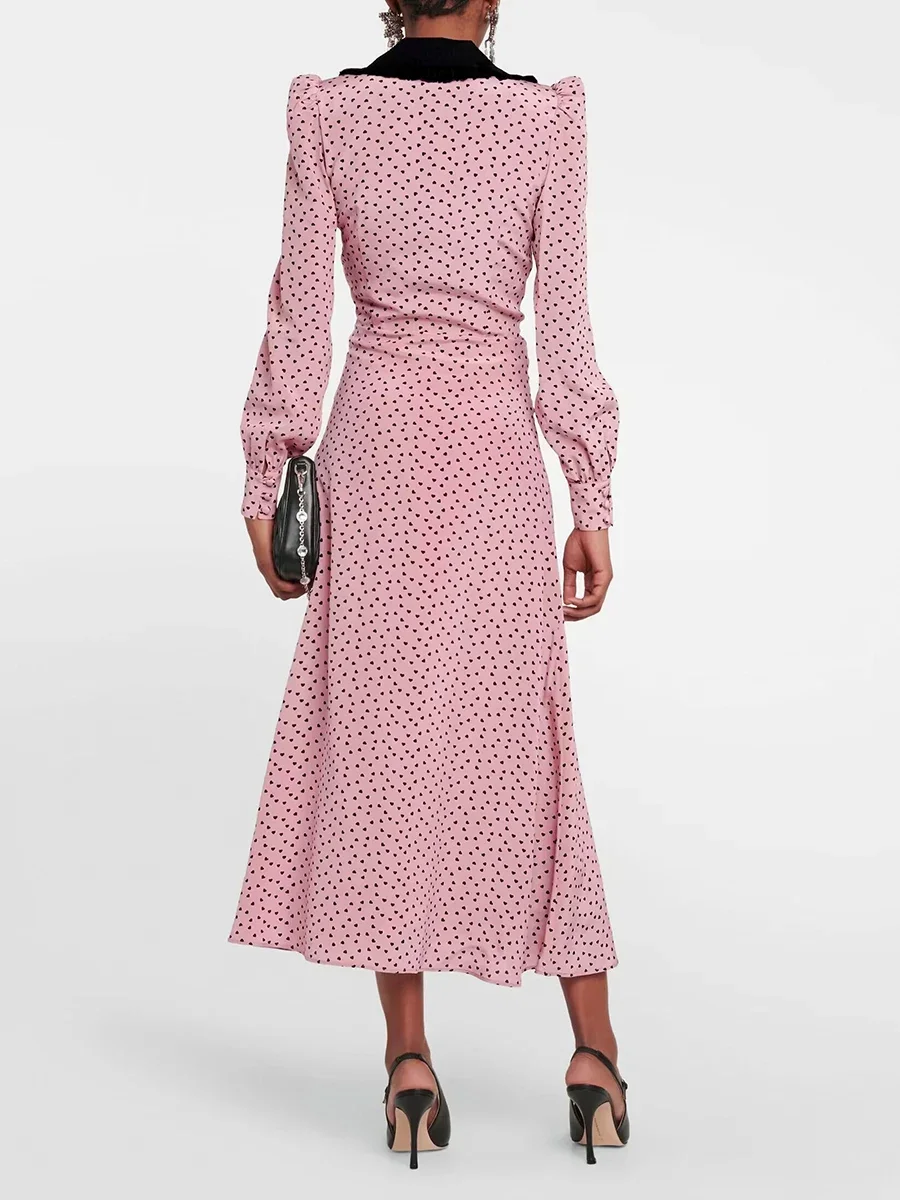 Robe rose de style français pour femme, mode indépendante, rétro, impression de cœur, col beurre, robes d'automne, coupe couvertes, 2023