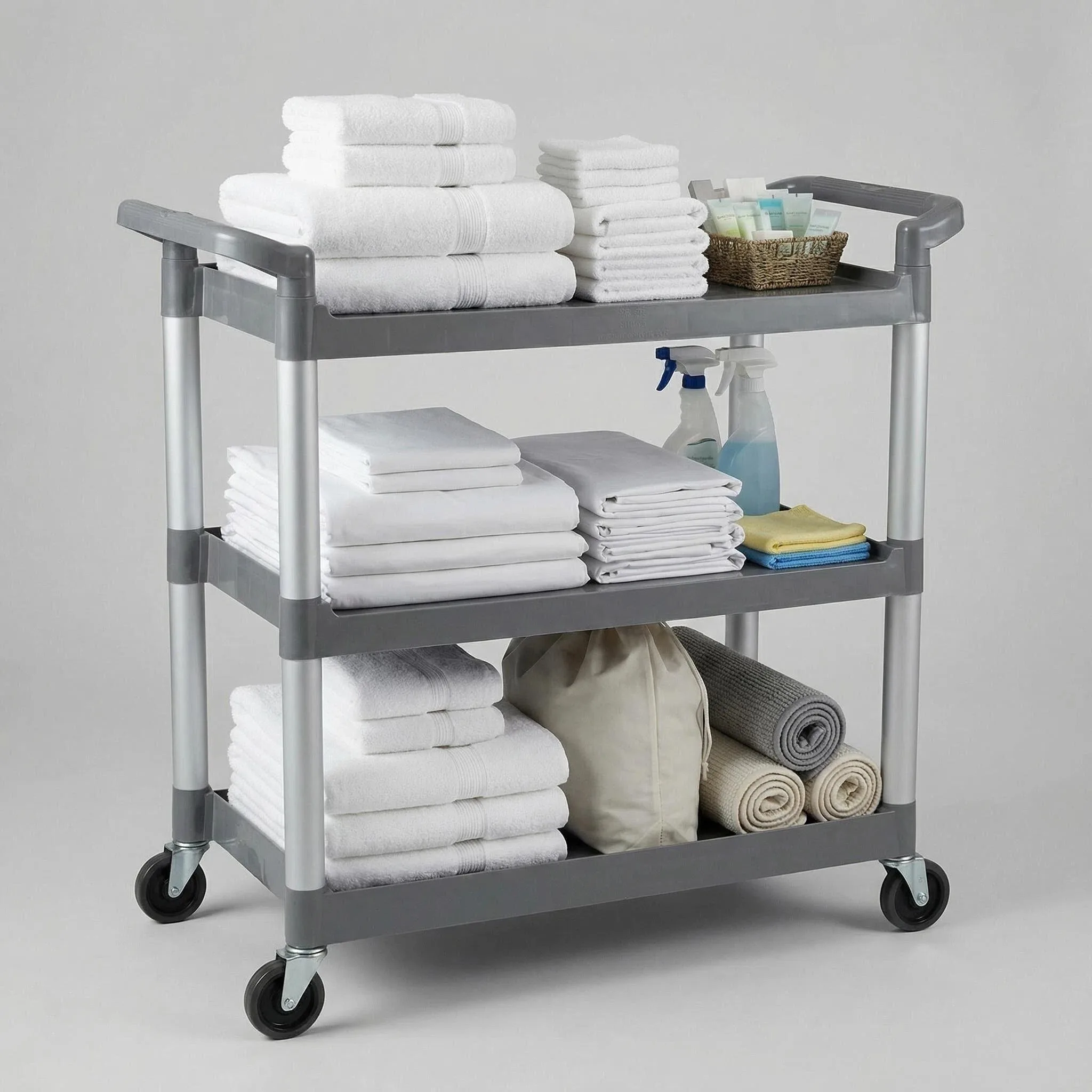 Heavy Duty 3-Tier Utility Cart, Adjustable Handle, 4-Inch Silent Wheels, 150 lb Capacity, PP+Aluminum, for Hotel Use