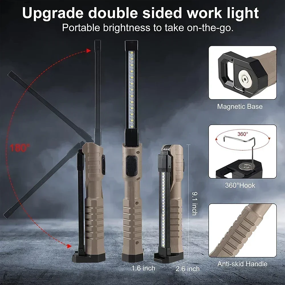 COB LED Work Light Dimmable USB Rechargeable LED Flashlight Inspection Lamp With Magnetic Hook Power Bank 18650 Battery Torch