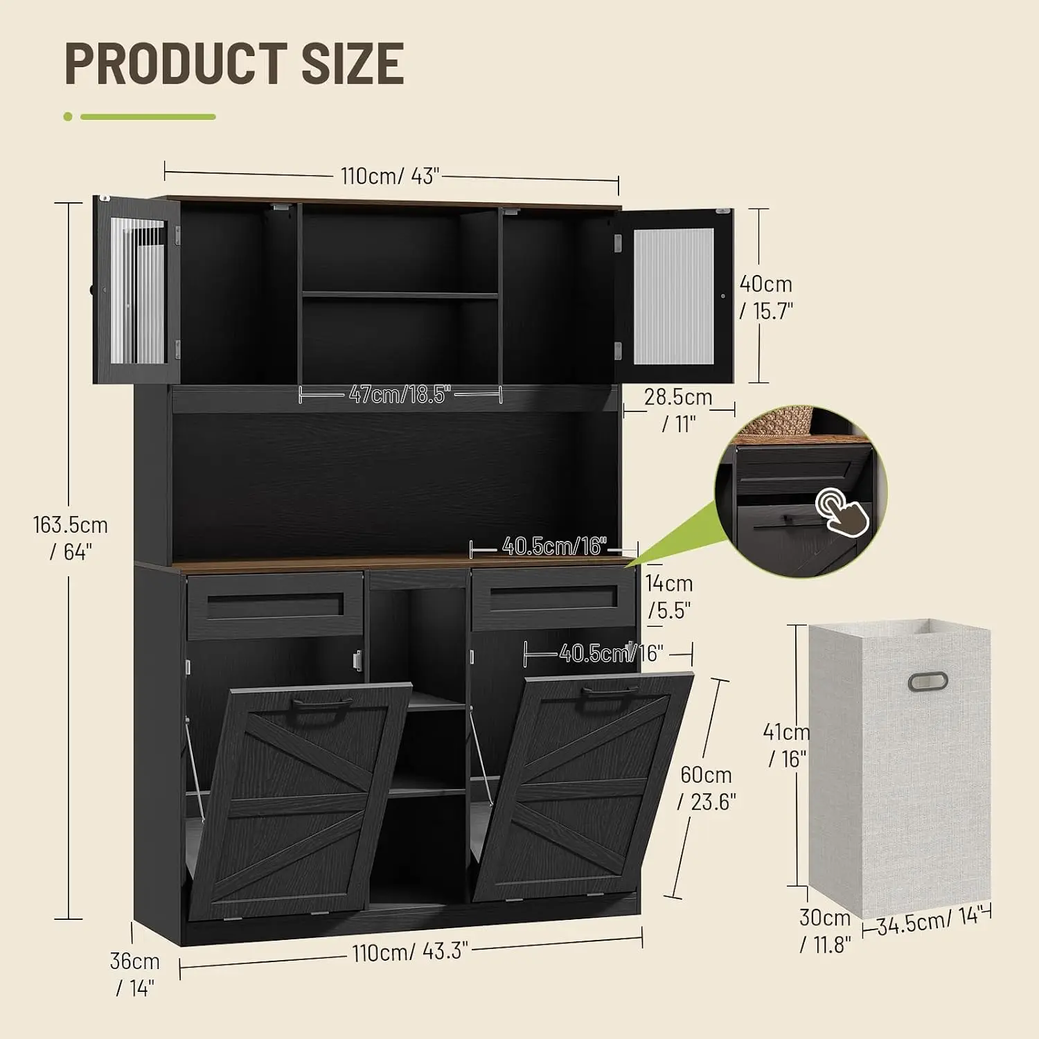 Double Hamper Cabinet 2x11-Gal Baskets, Fluted Glass Door Trash Bin, Farmhouse Wood Storage Push Doors Black & Walnut,Customized
