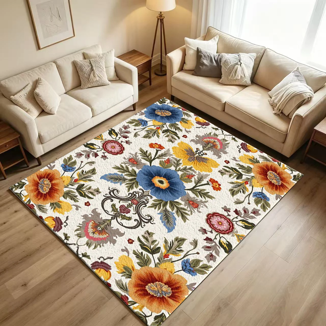 Boho Retro Symmetrical Floral Carpet Flooring Vintage Colorful Peony Botanical Ornament Art Pattern Printed Floor Rug for Household Indoor Bohemian Style Home Decor