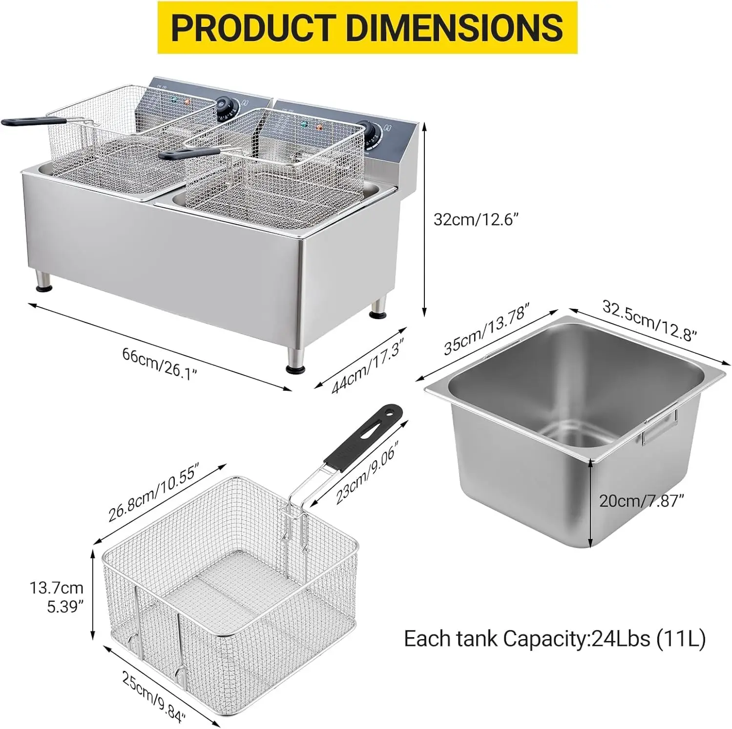 23.2QT/22L Commercial-Grade 3400W Deep Fryer- 304 Stainless Steel Electric Fryer with 2 Extra-Thicker Baskets, Splash Guard Lid