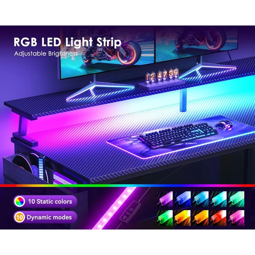L-Shaped Gaming Desk 48 Inch with USB Charging, LED Lights, Storage Shelves and Monitor Stand for Optimal Computer Setup