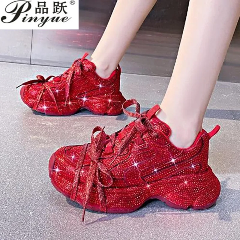 

Hot Leather Casual Shoes Rhinestones High Top Sneakers Women Vulcanized Lace Up New Internet Celebrity All-Match Flat Thick Sole