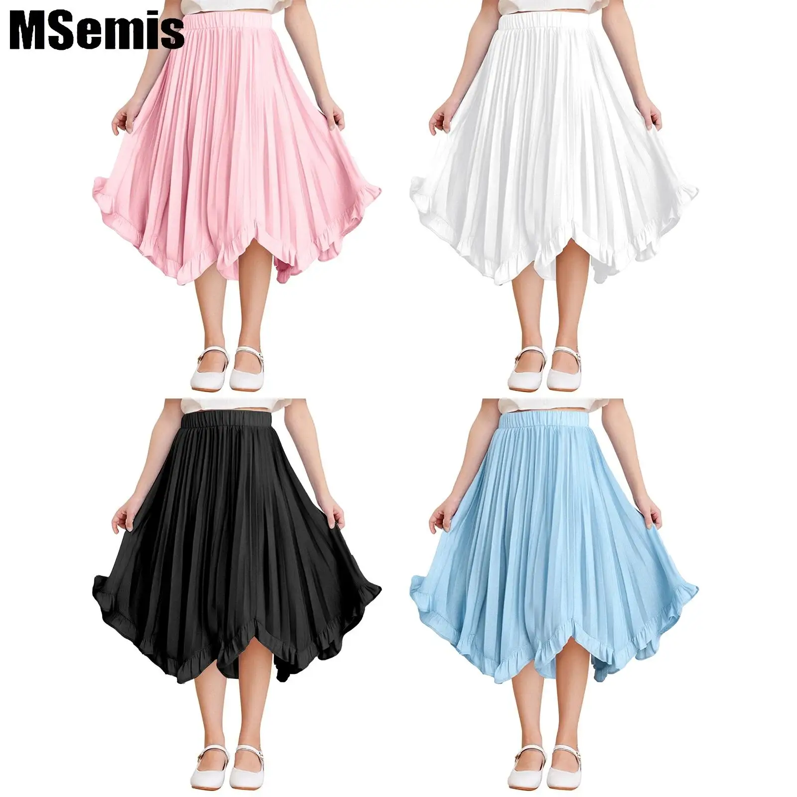 

Kids Girls A-line Pleated Chiffon Skirt Solid Color Curly Hemline Elastic Waistband Elegant Skirt for Party Casual Daily Wear