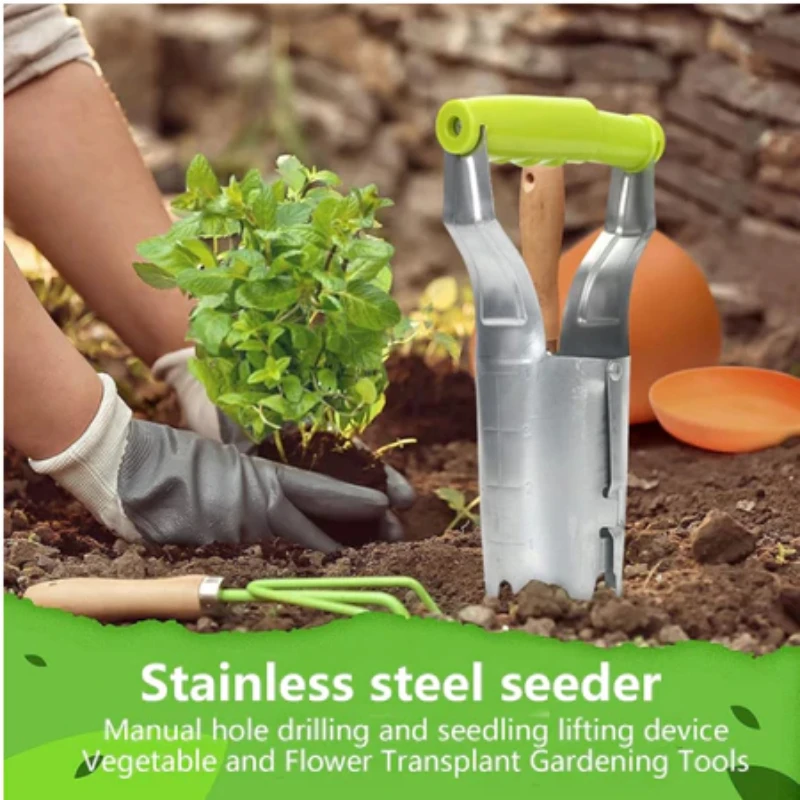 Stainless Steel Horticultural Wood Handle Hole Drilling Seeder Excavator Seedling Transplanting Flower Planting Seedling Planter