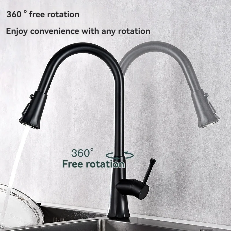 Modern Touchless Flexible Neck Water Saving 360 Degree  Pull Out Black Brass Kitchen Faucet