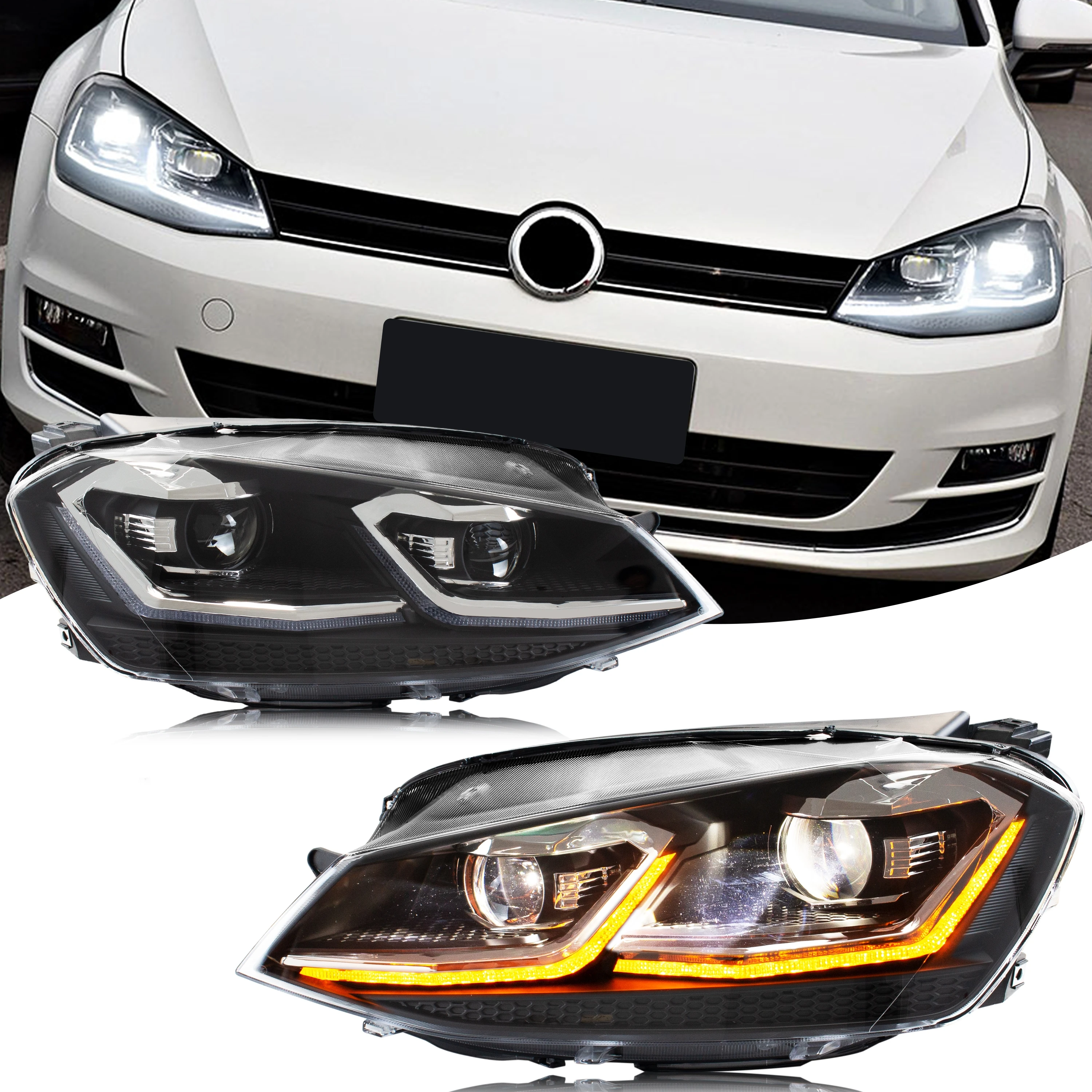Feux avant à LED pour Volkswagen VW Golf 7 MK7 TDI TSI 2013-2017 MK VII ECE DRL Projecteur Ensemble de lampes avant [Ne convient pas aux modèles GTI/GTD/R]