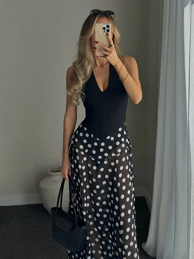 HH Summer Women Fashion Versatile Dress Translucent Splice Polka Dots Sleeveless Backless Zipper Halter Neck Pleated Midi Dress