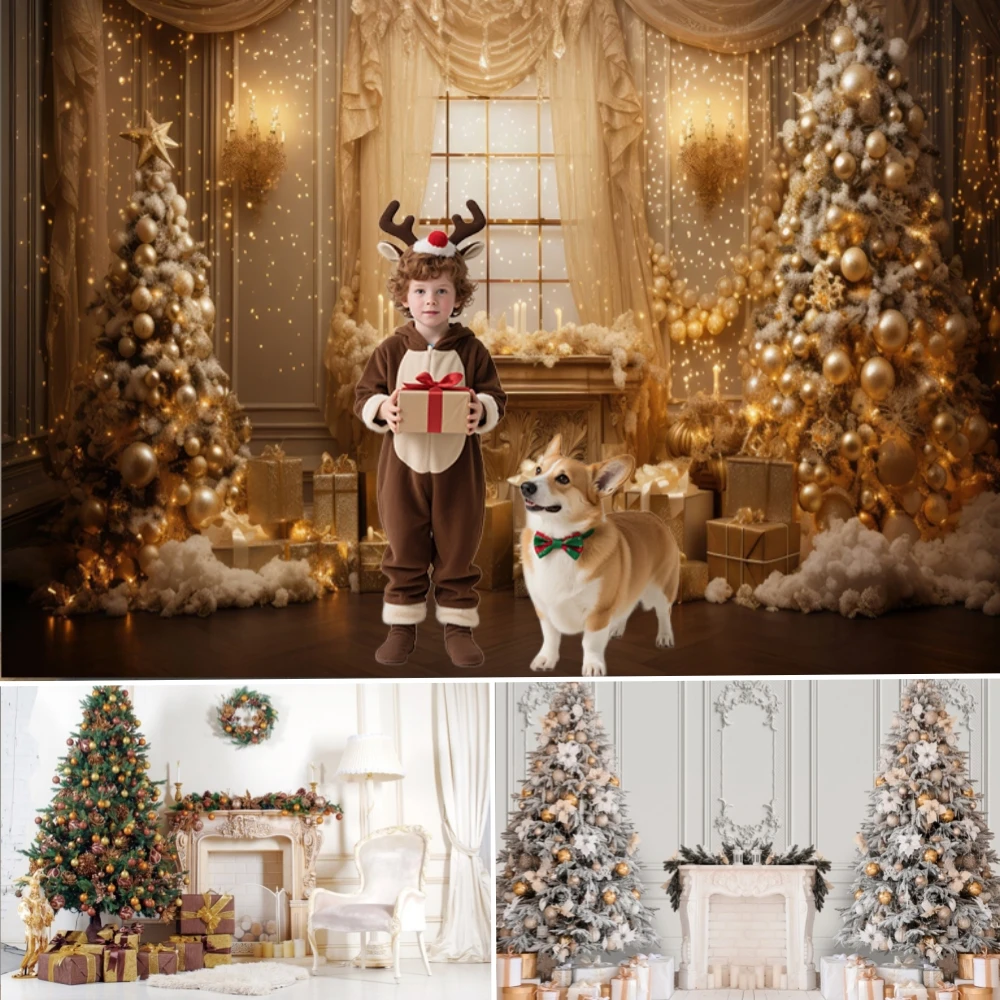 

Christmas Background White Decoration European Background Wall Fireplace Christmas Tree Gift Socks Wreath Family Photo Props